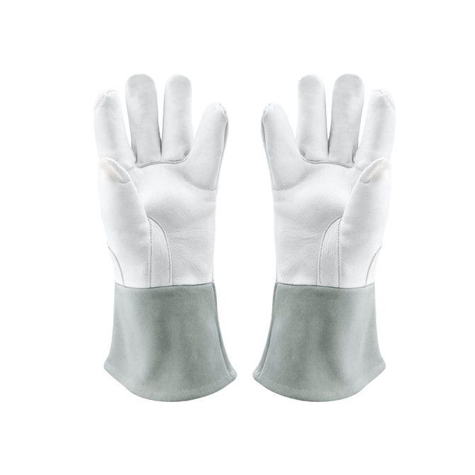 Heat resistant gloves in grey and white, featuring a long cuff and a logo on the surface.