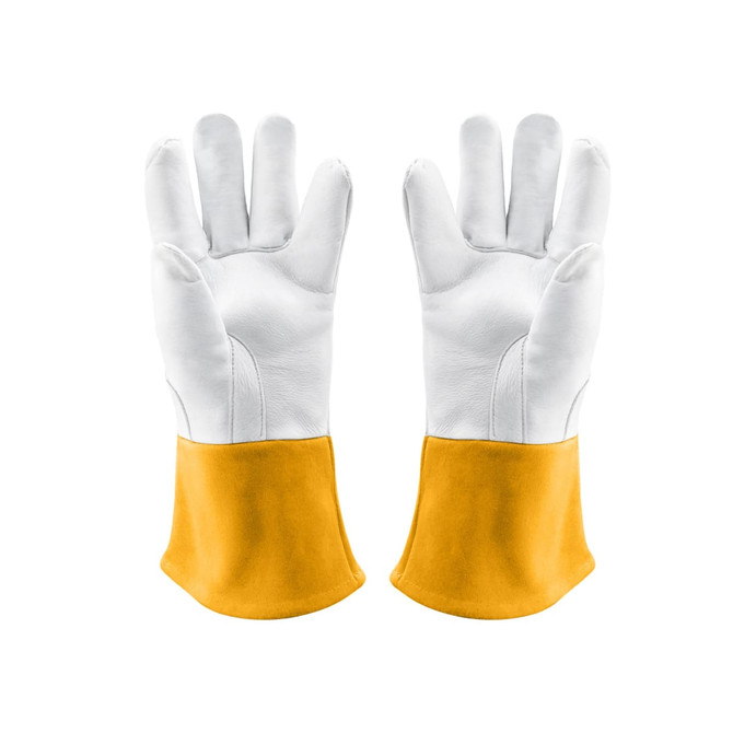 A pair of heat-resistant gloves with yellow cuffs and white palms, featuring a textured surface.