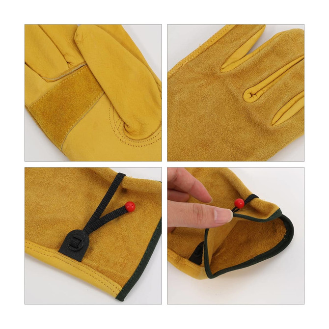 A pair of yellow cowhide gardening gloves featuring a wrist cinch detail and a brand logo.