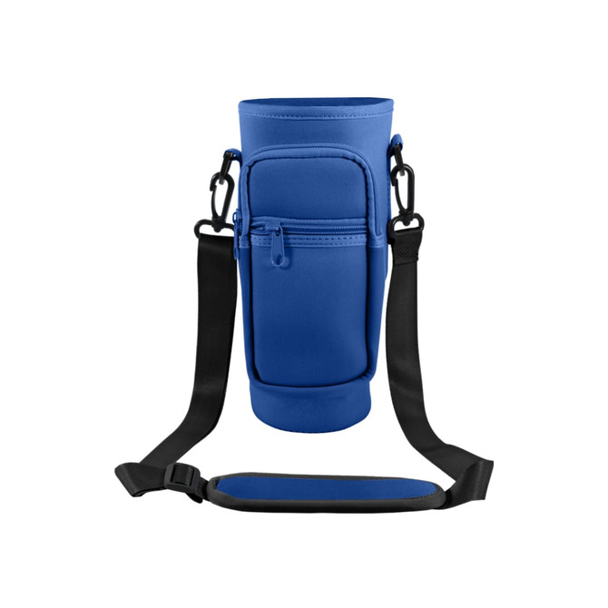 A drink bottle carrier bag in blue, featuring a phone pocket and adjustable strap. Includes a logo.