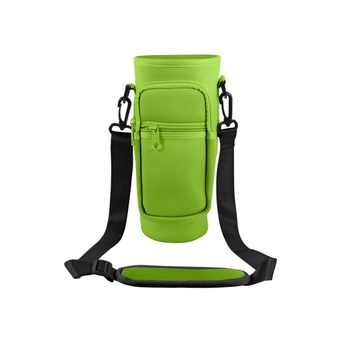 A drink bottle carrier bag in bright green with a phone pocket and adjustable strap. It features a logo on the front.
