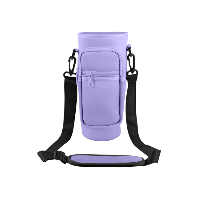A drink bottle carrier bag in lavender with a black strap and a front zip pocket. It features a logo.
