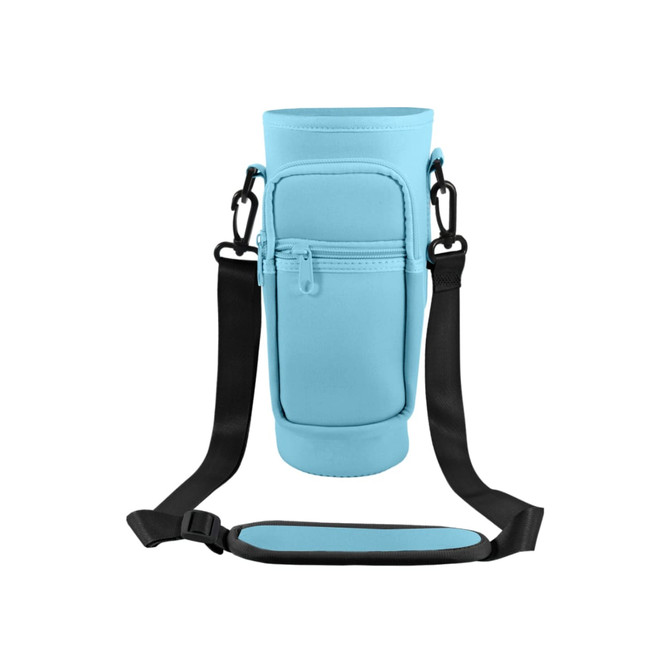 A drink bottle carrier bag in light blue, featuring a phone pocket and adjustable straps. It has a logo on it.
