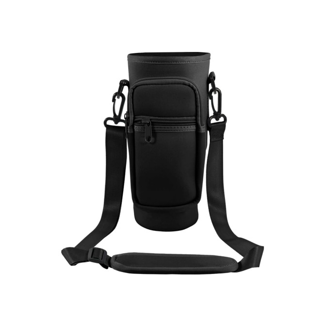 A drink bottle carrier bag in black with a phone pocket and adjustable strap. Features a zippered pocket.