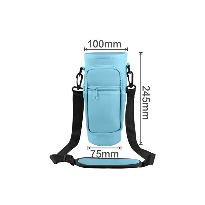 A drink bottle carrier bag in light blue with a shoulder strap and a zippered phone pocket.
