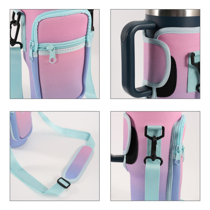A drink bottle carrier bag in pink and light blue, with a phone pocket and adjustable strap. Features a logo.