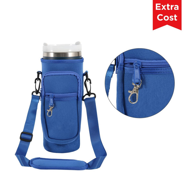 A drink bottle carrier bag in blue with a zippered pocket for a phone and an adjustable strap. Features a logo.