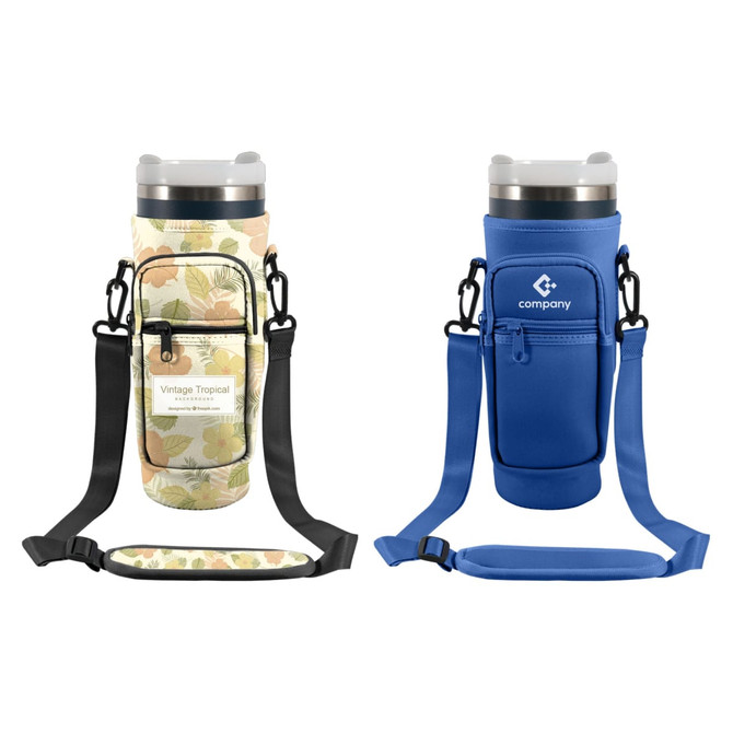 A drink bottle carrier bag in floral and blue designs, each with a shoulder strap and a phone pocket.