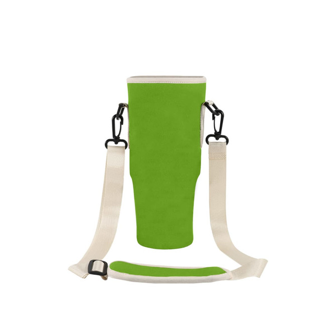 A drink bottle carrier bag in bright green with cream straps and clips, designed for carrying a Stanley Cup.