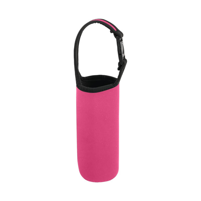 A drink bottle carrier pouch in bright pink with a black handle, featuring a sleek design.