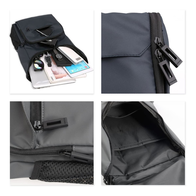 A navy business laptop backpack with multiple compartments, zippers, and pockets for accessories and devices.