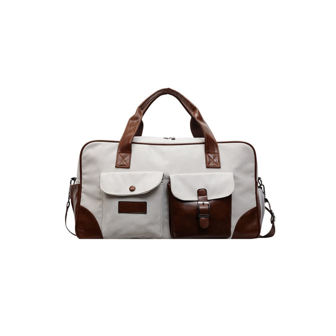 A vintage canvas duffle bag in cream and brown, featuring multiple pockets and sturdy handles. Logo present on the bag.