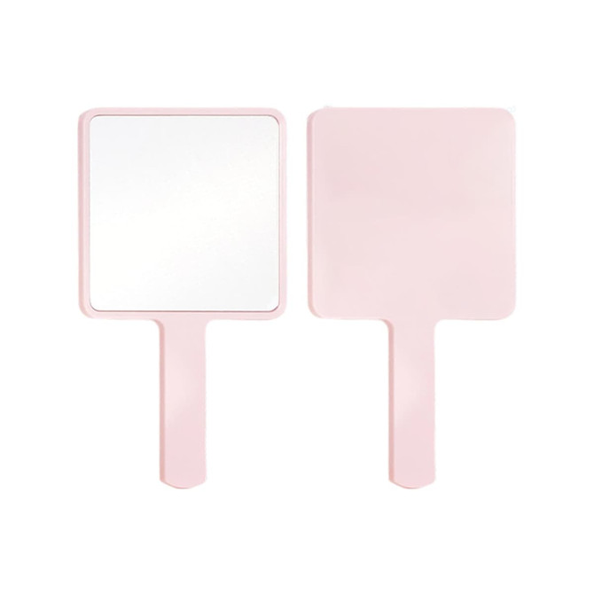 A handheld square mirror with a pink frame and handle, featuring a reflective surface on one side.