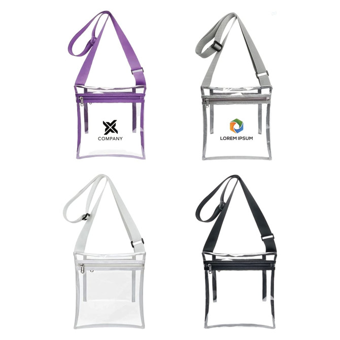 Four PVC clear crossbody bags in purple, grey, white, and black, each featuring a branding logo and an inner pouch.