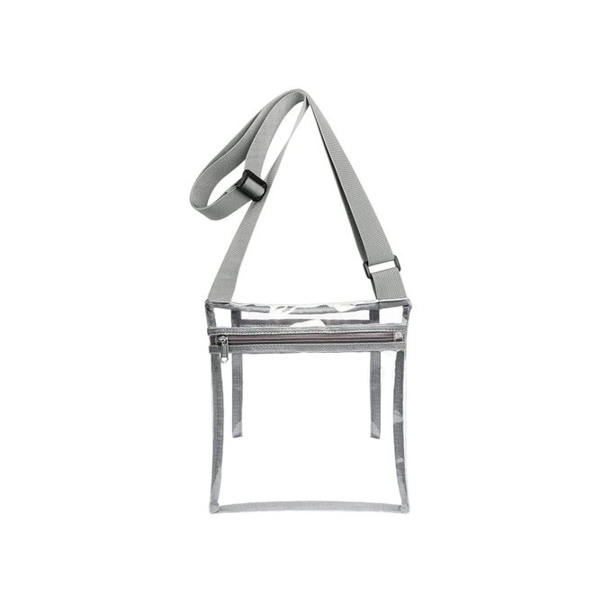 A clear PVC crossbody bag in transparent and grey, featuring an inner pouch and an adjustable strap.
