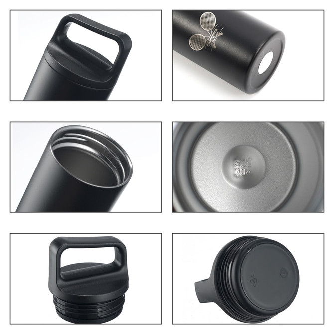 A drink bottle in black stainless steel with a handle, featuring a wide opening and a removable lid.