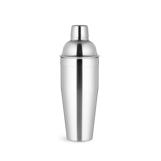 A stainless steel cocktail shaker with a sleek, reflective finish and a secure lid.