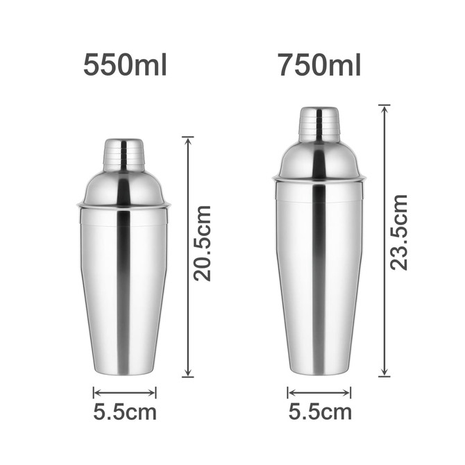 Two stainless steel cocktail shakers in silver colour, one 550ml and one 750ml, with measurements displayed.