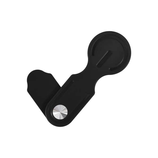 A plastic magnetic phone holder for laptop in black, featuring a circular base and a sleek design, with a metallic accent.
