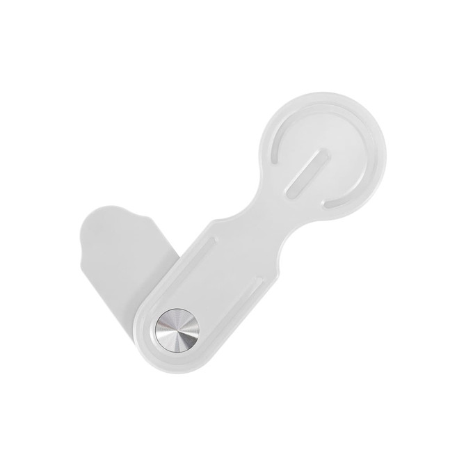 A white plastic magnetic phone holder designed for laptops, featuring a metallic circular button and sleek design.