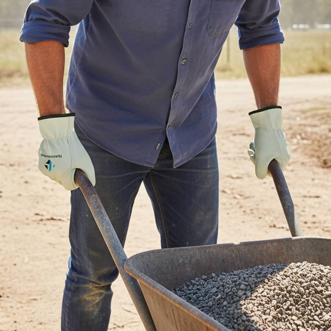 Light grey leather work gloves worn by a person pushing a wheelbarrow filled with gravel.