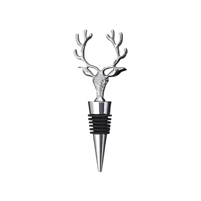 A drink bottle stopper featuring a silver deer head design with antlers and a black rubber base.