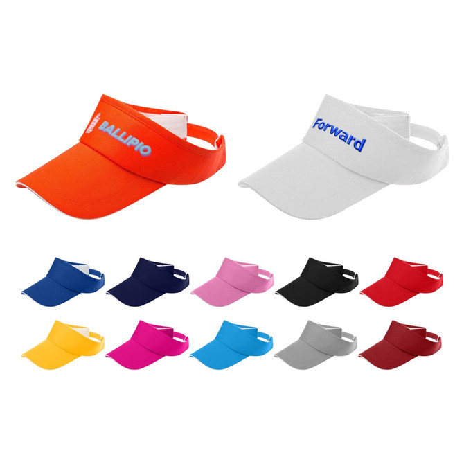 A selection of sandwich sun visors in orange, white, navy, pink, black, and purple, featuring different branding.