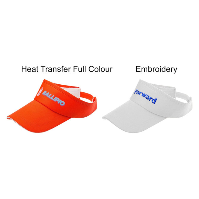 A red visor and a white visor, featuring logos, displayed side by side with different printing styles.