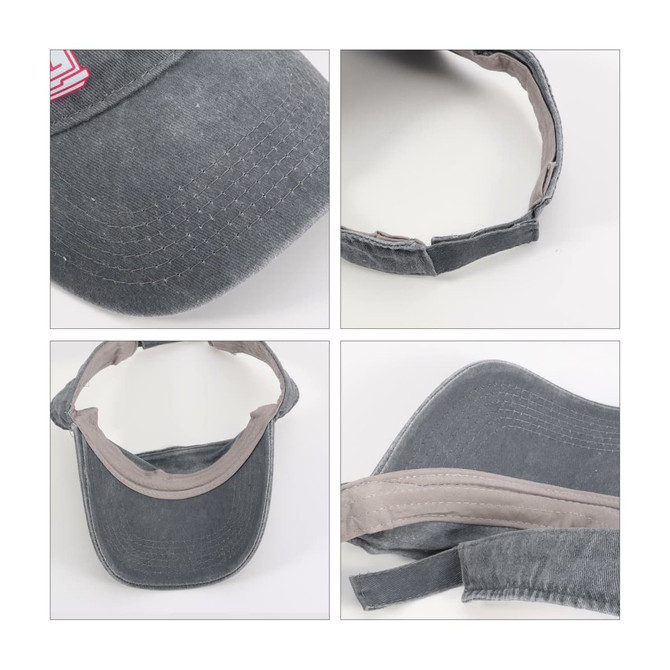 A washed grey sun visor with a light grey band and branded logo, featuring a curved bill and adjustable strap.