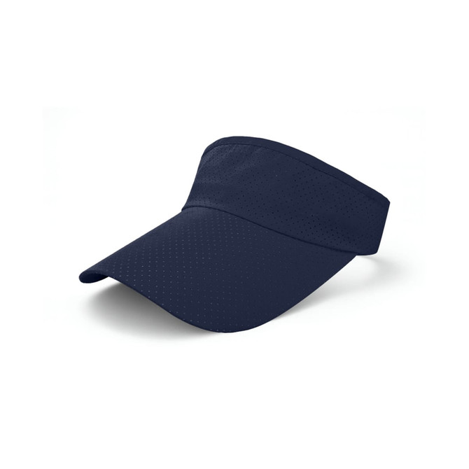 A navy blue breathable sun visor with a wide brim and perforated design, featuring a logo.