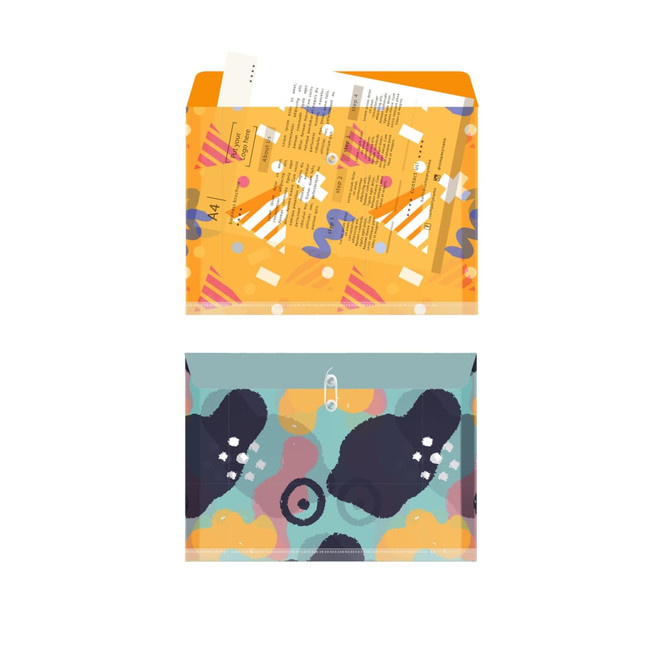 A vibrant, multi-coloured folder with a rope fastener, featuring abstract patterns in orange and teal.