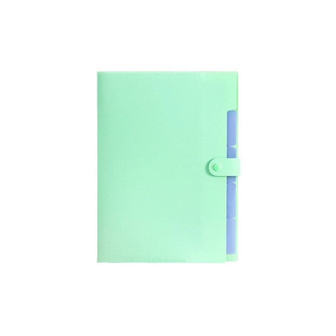 A4 expandable file folder in mint green, featuring tabs and a secure clasp closure. Includes a branding logo.