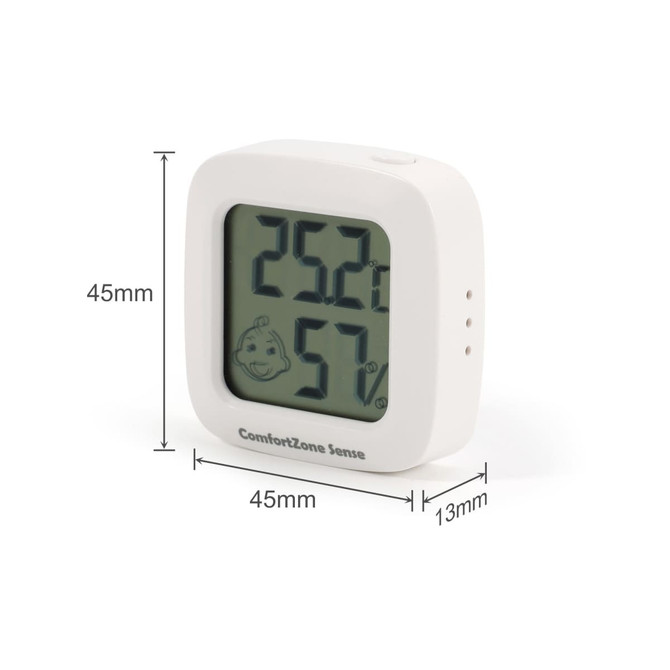 A white mini digital thermometer displaying temperature and humidity levels with a logo on the front.
