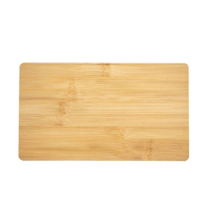 A bamboo cheese board with a smooth, natural finish, featuring a rectangular shape and rounded edges.