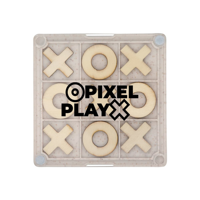 A Noughts & Crosses coaster in a clear casing with wooden pieces in a grid pattern. It features a logo on top.