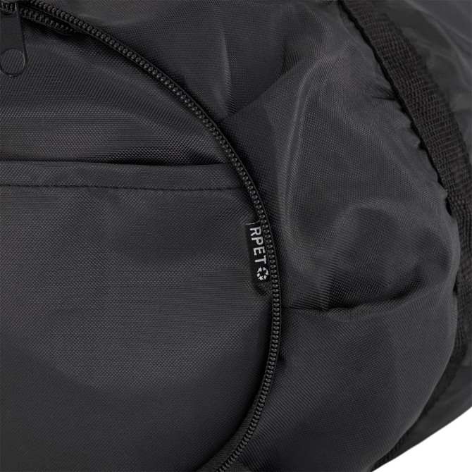 A black duffle bag featuring a zipper and a tag indicating it's made from recycled materials.