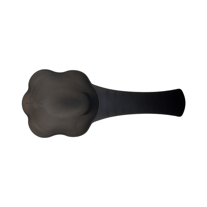 A black pet food scoop with a unique, rounded design and a flat handle. It features a logo.