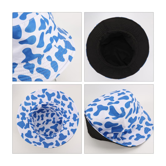 A cow print bucket hat featuring a blue and white design with a black inner lining. Includes a logo.