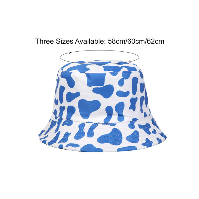 A blue and white bucket hat with a cow print design, featuring three available sizes. It has a branding logo.