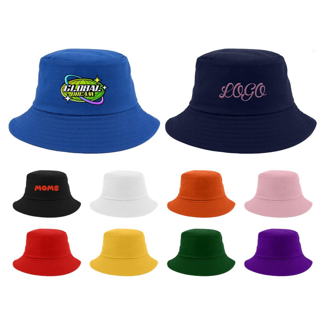 A collection of custom cotton bucket hats in various colours, featuring logos on some and simple text on others.