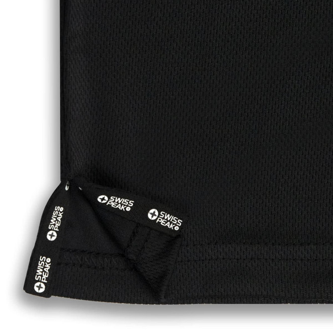 A black polo shirt featuring a mesh fabric design with a logo on the hem.