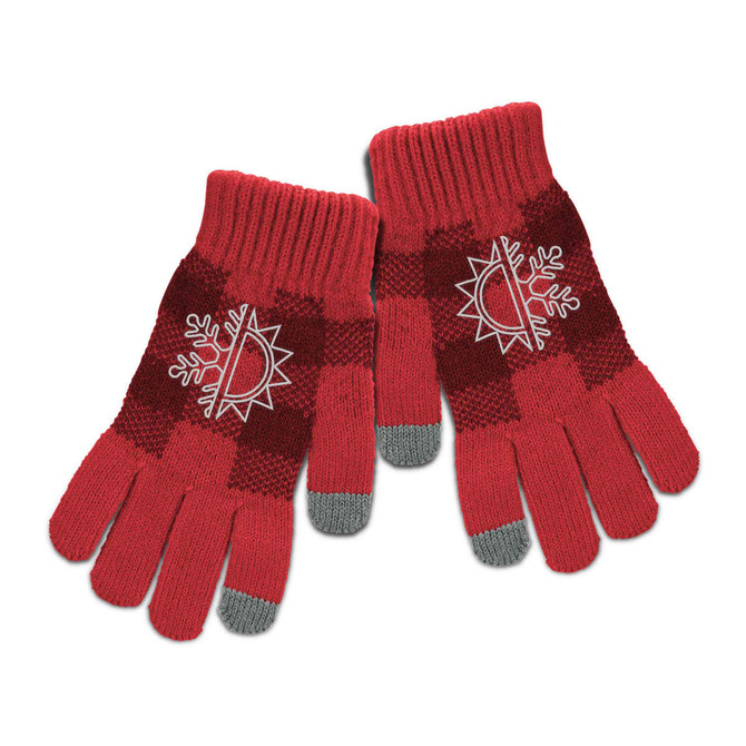 A pair of red and maroon knitted gloves featuring a design and contrasting grey fingertips. The gloves have a logo.