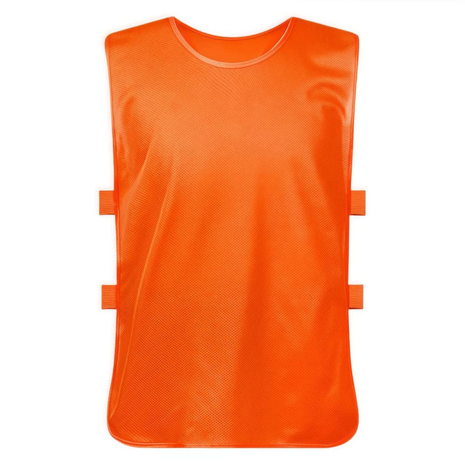 An orange mesh training bib featuring a strap design, made from 100% polyester material.