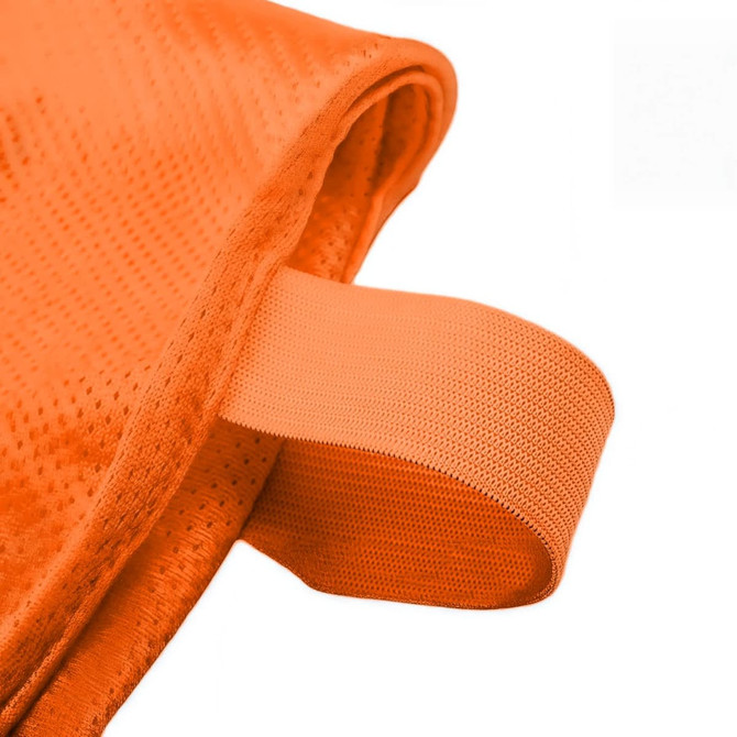 A close-up of an orange polyester micro mesh training bib with a strap. The fabric features a breathable texture.