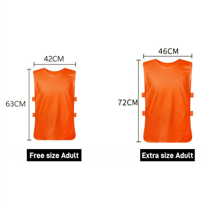 An orange micro mesh training bib with adjustable straps, available in free size and extra size options.