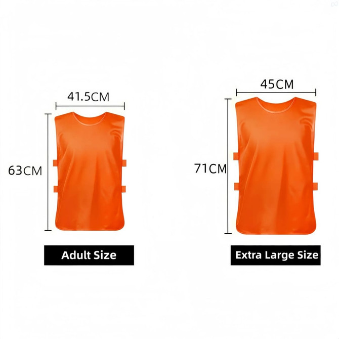 Two orange training bibs in adult and extra large sizes, featuring straps and a logo.