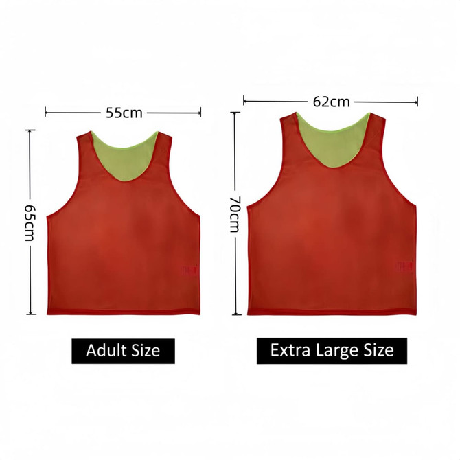 A reversible training bib in red and green, featuring adult and extra large size measurements. Includes a logo.