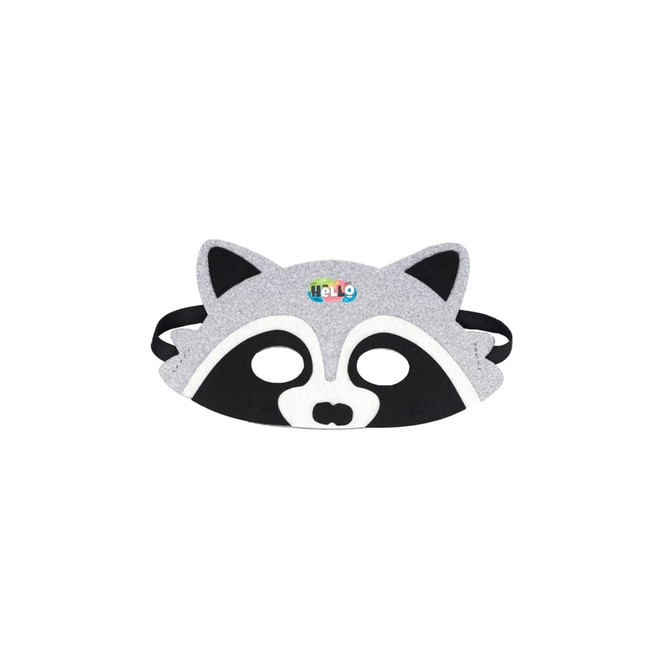 A grey and black raccoon felt mask with cut-out eyes and a logo. Adjustable black straps are attached.
