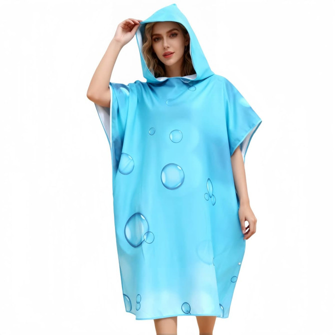 A blue hooded change towel featuring a bubble design, made from soft, double-sided fleece material.