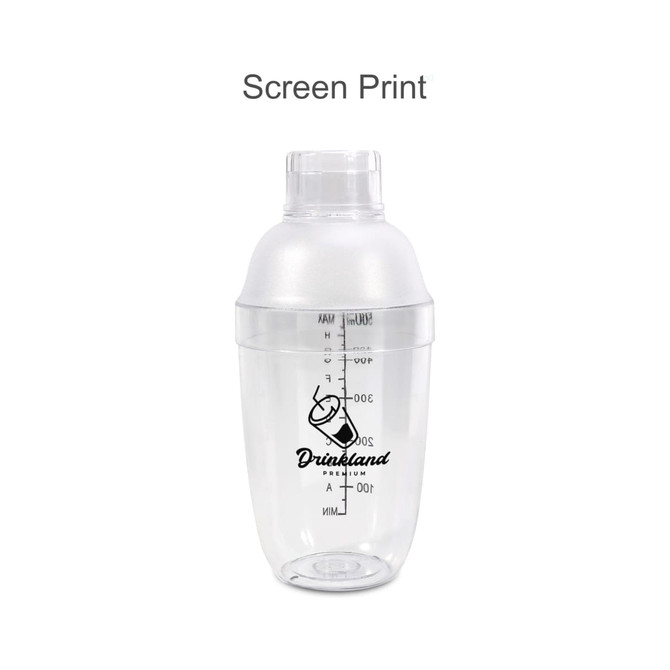 A drink bottle in clear plastic with a domed lid and a black logo, featuring measurement markings on the side.